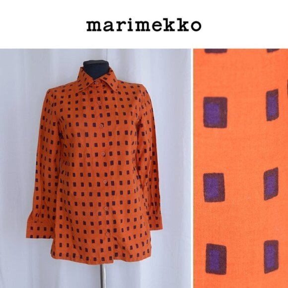 Vintage 1975 Marimekko Check Geometric Cotton Shirt Sz 8 - Picture 1 of 7